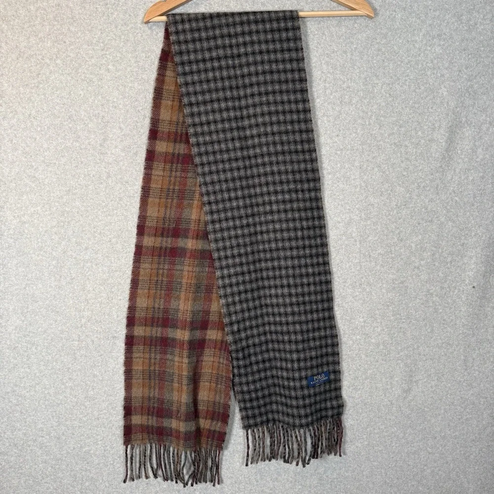 Polo Ralph Lauren Reversible Lambswool Scarf Glen Plaid Gray Fringe Italy